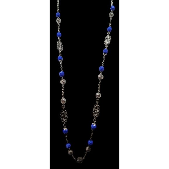 Floral Blue And Silver Tone Beaded Necklace - Picture 2 of 6